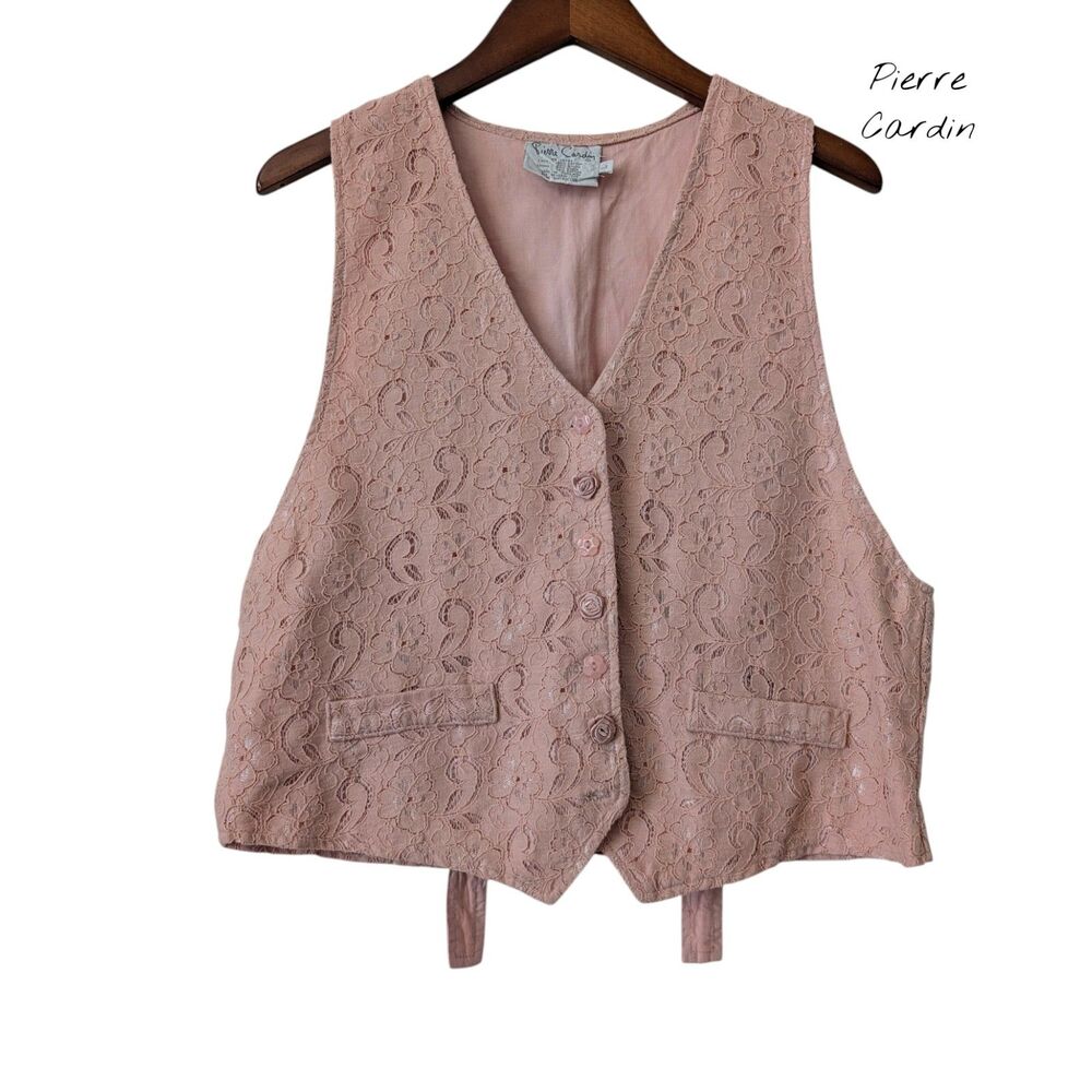 Pierre Cardin Vintage Pink Floral Lace Vest Size L Boho Cottagecore